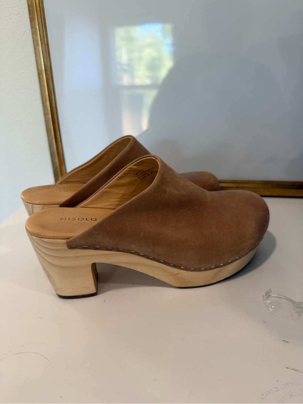Nisolo Tan Leather Clog Mules with Wood Heel